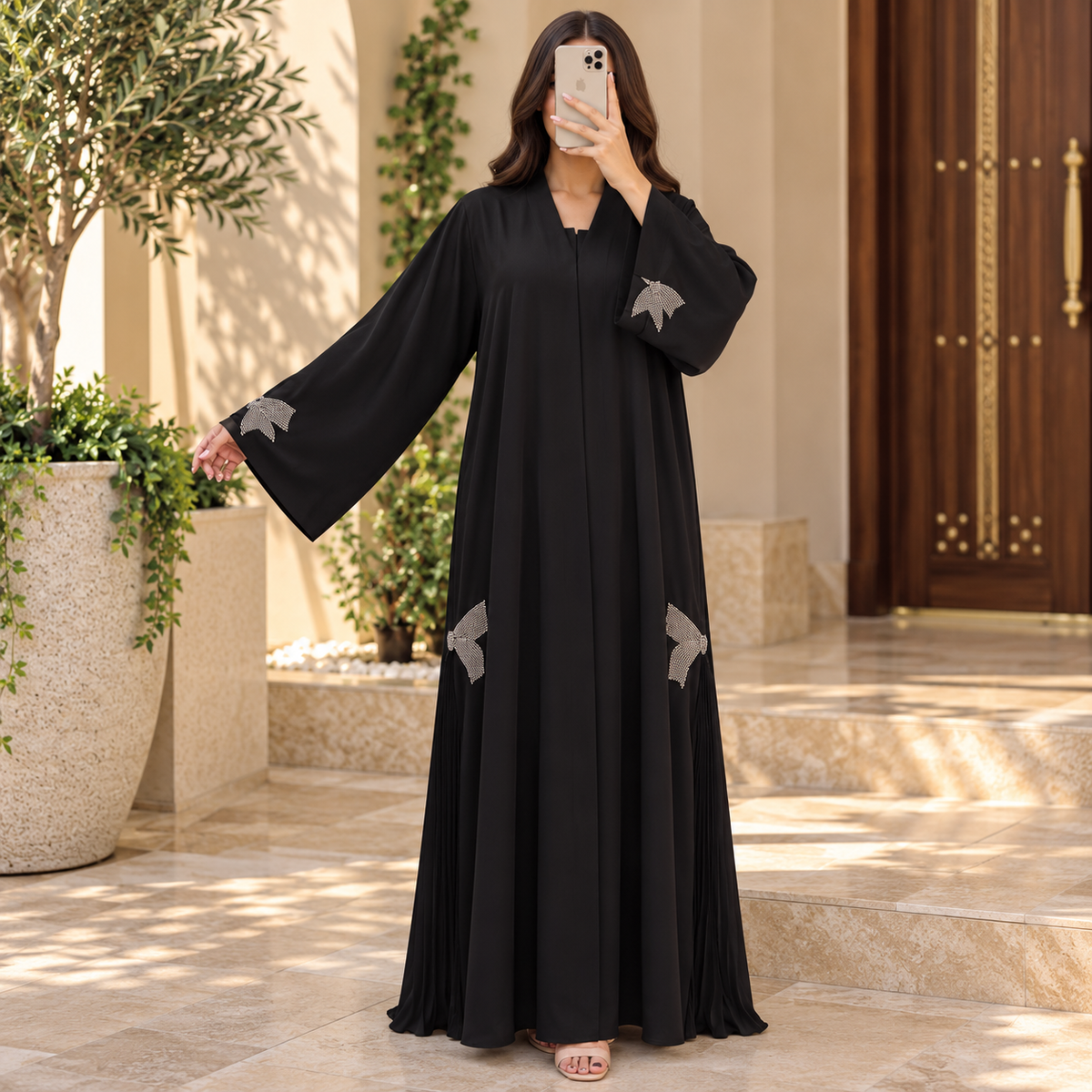 Opulent Black Lace-Trimmed Designer Abaya 57" Inches Length