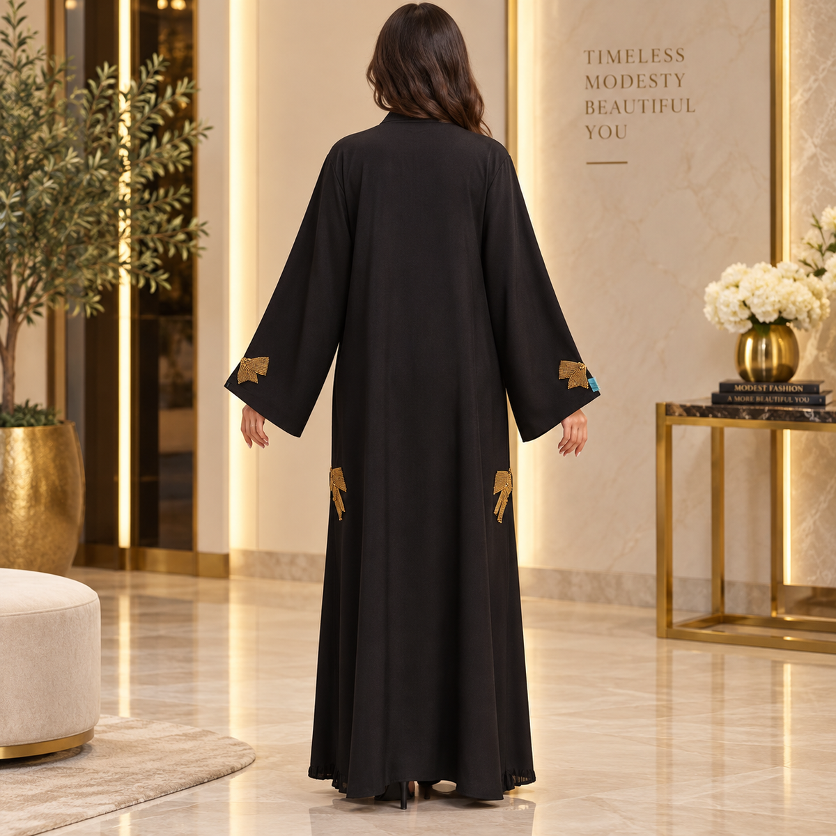 Opulent Black Lace-Trimmed Designer Abaya 58" Inches Length