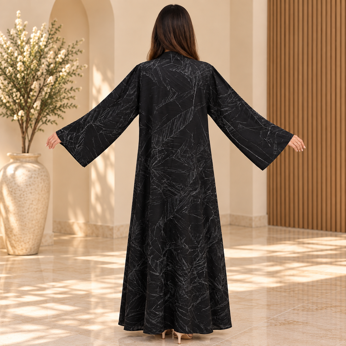 Opulent Black Lace-Trimmed Designer Abaya 58" Inches Length