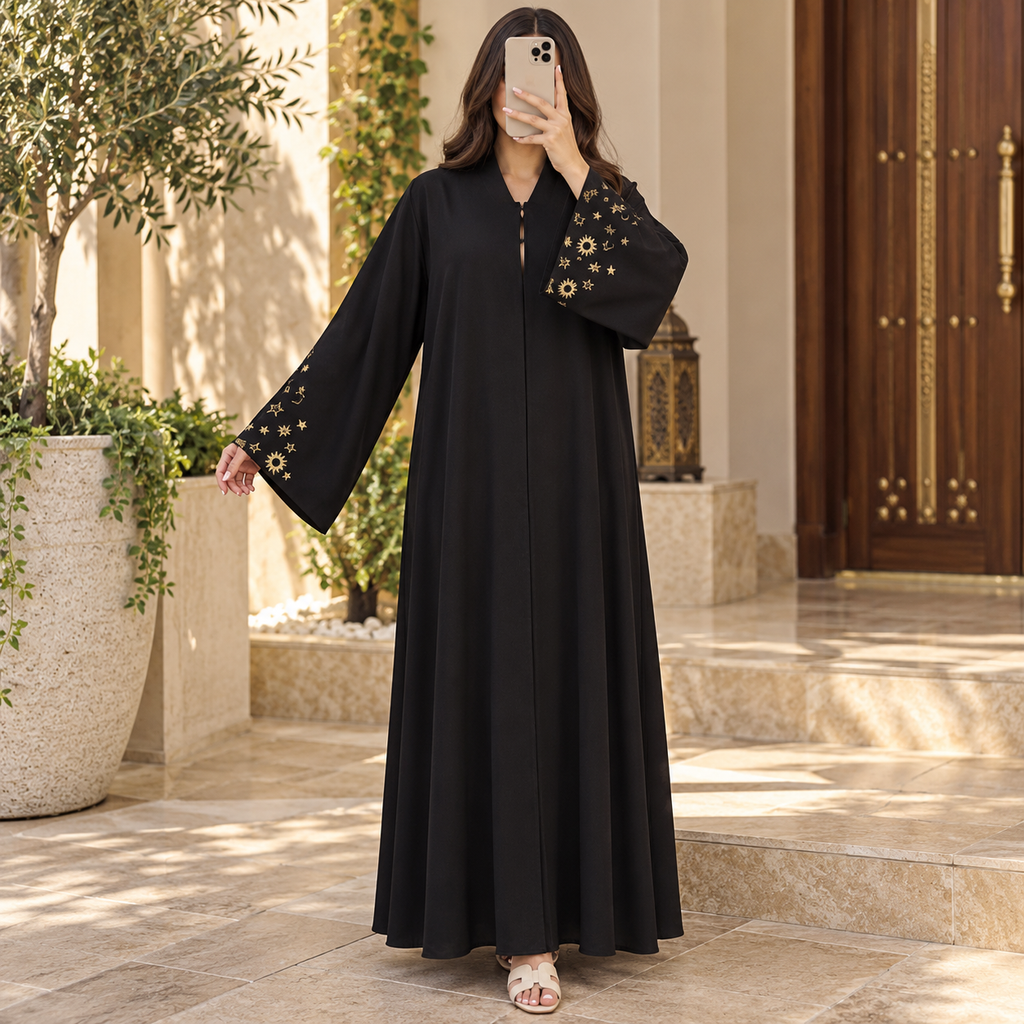 Opulent Black Lace-Trimmed Designer Abaya 58" Inches Length