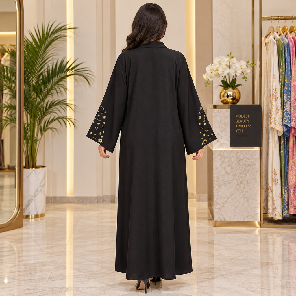 Opulent Black Lace-Trimmed Designer Abaya 58" Inches Length