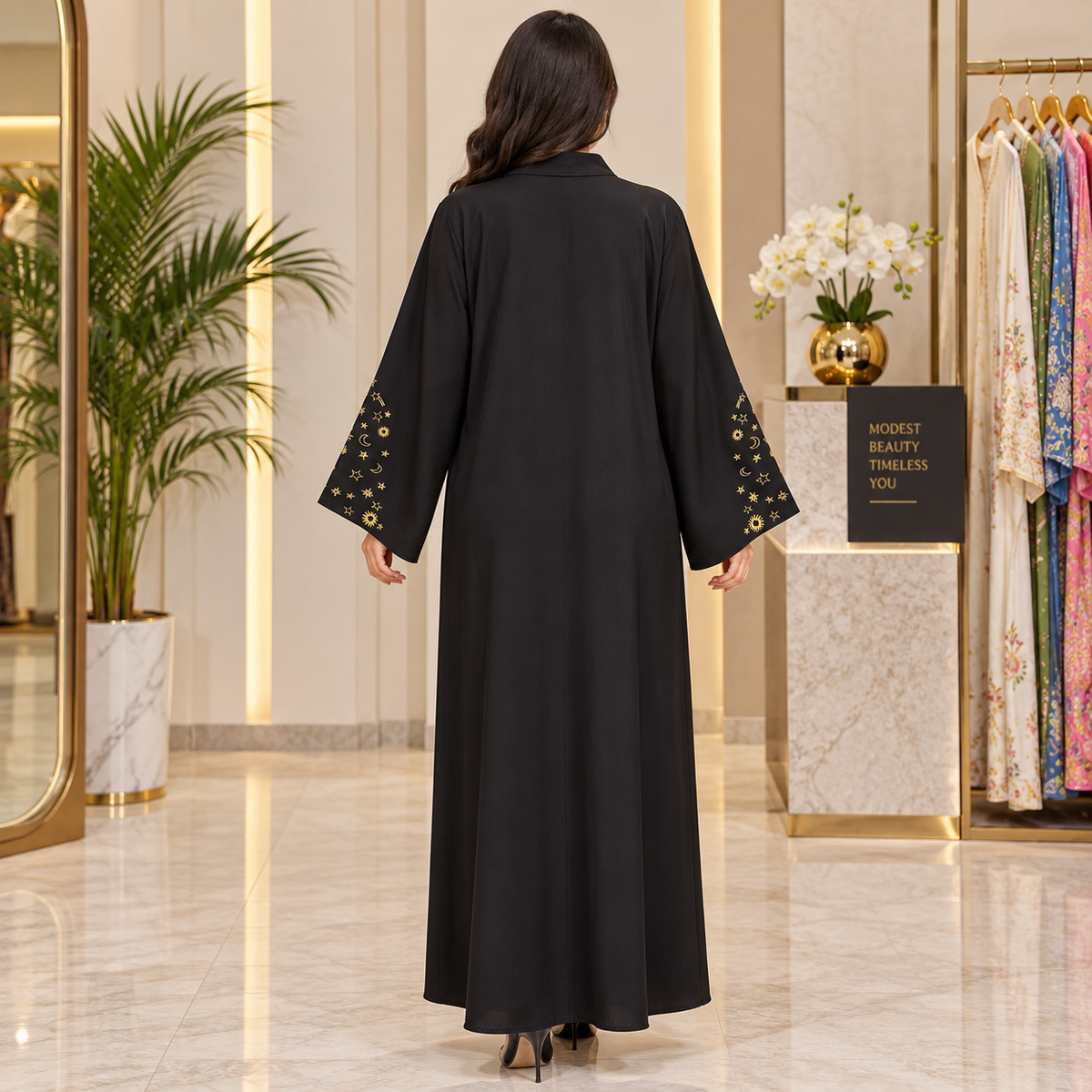 Opulent Black Lace-Trimmed Designer Abaya 58" Inches Length