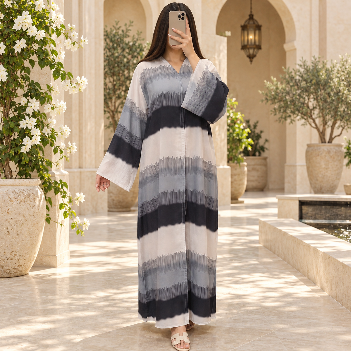 Opulent Black & White-Trimmed Designer Abaya 55" Inches Length