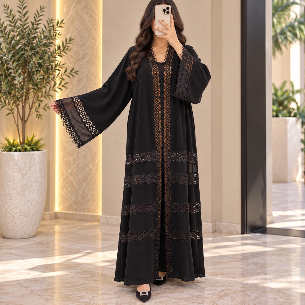Opulent Black Lace-Trimmed Designer Abaya 55" Inches Length