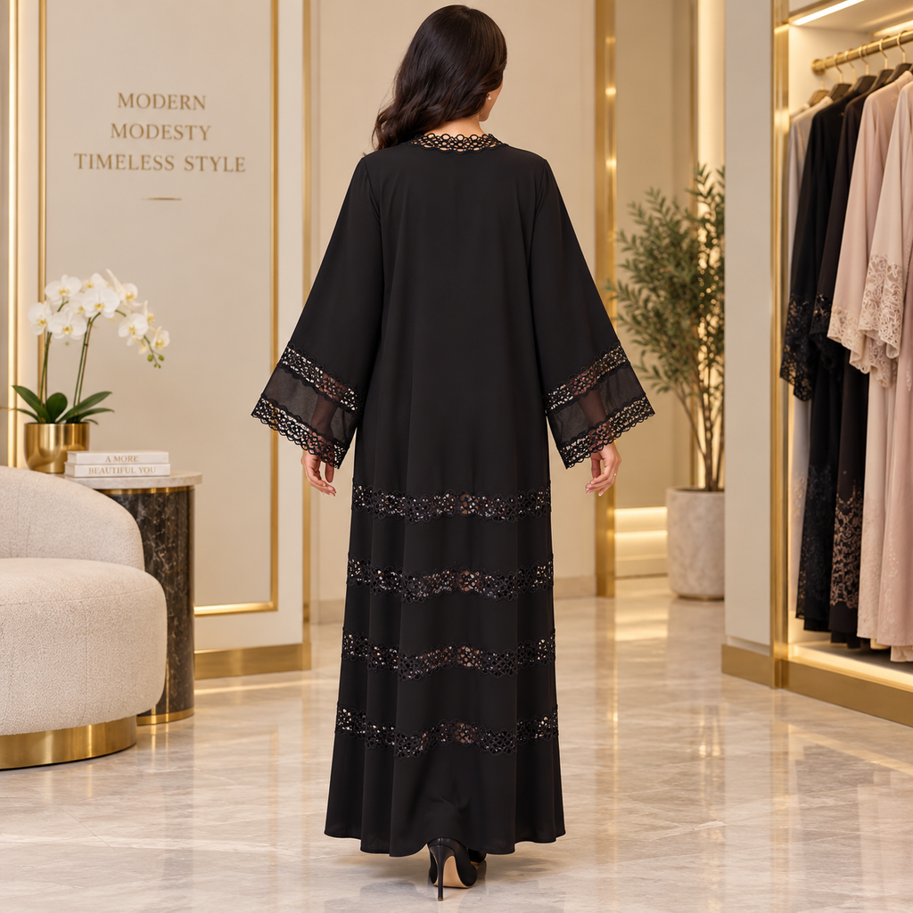 Opulent Black Lace-Trimmed Designer Abaya 55" Inches Length