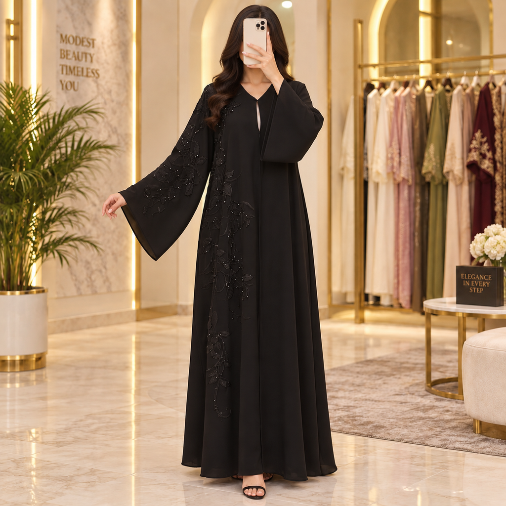 Opulent Black Lace-Trimmed Designer Abaya 56" Inches Length