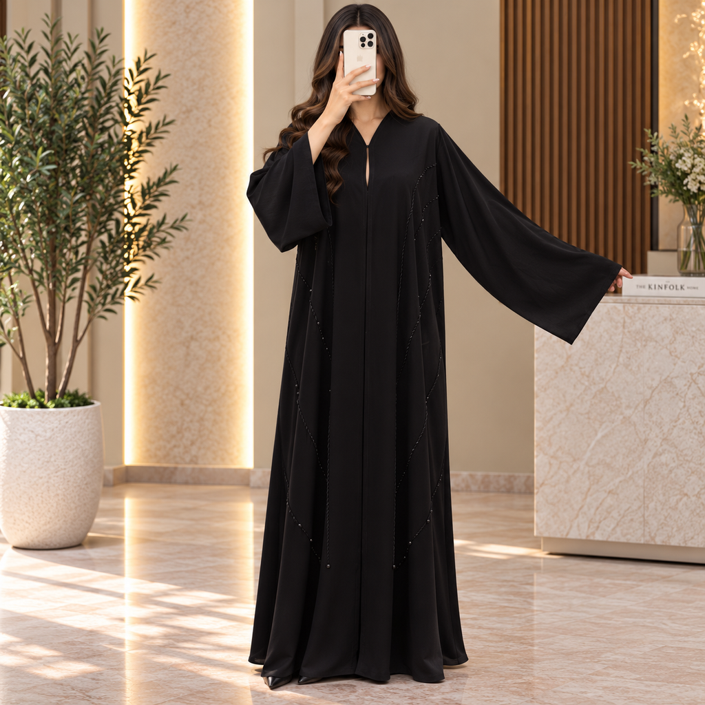 Opulent Black Lace-Trimmed Designer Abaya 60" Inches Length