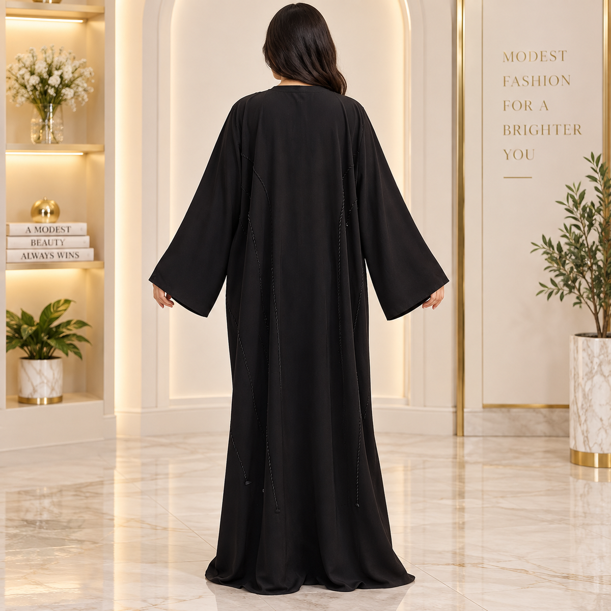 Opulent Black Lace-Trimmed Designer Abaya 60" Inches Length
