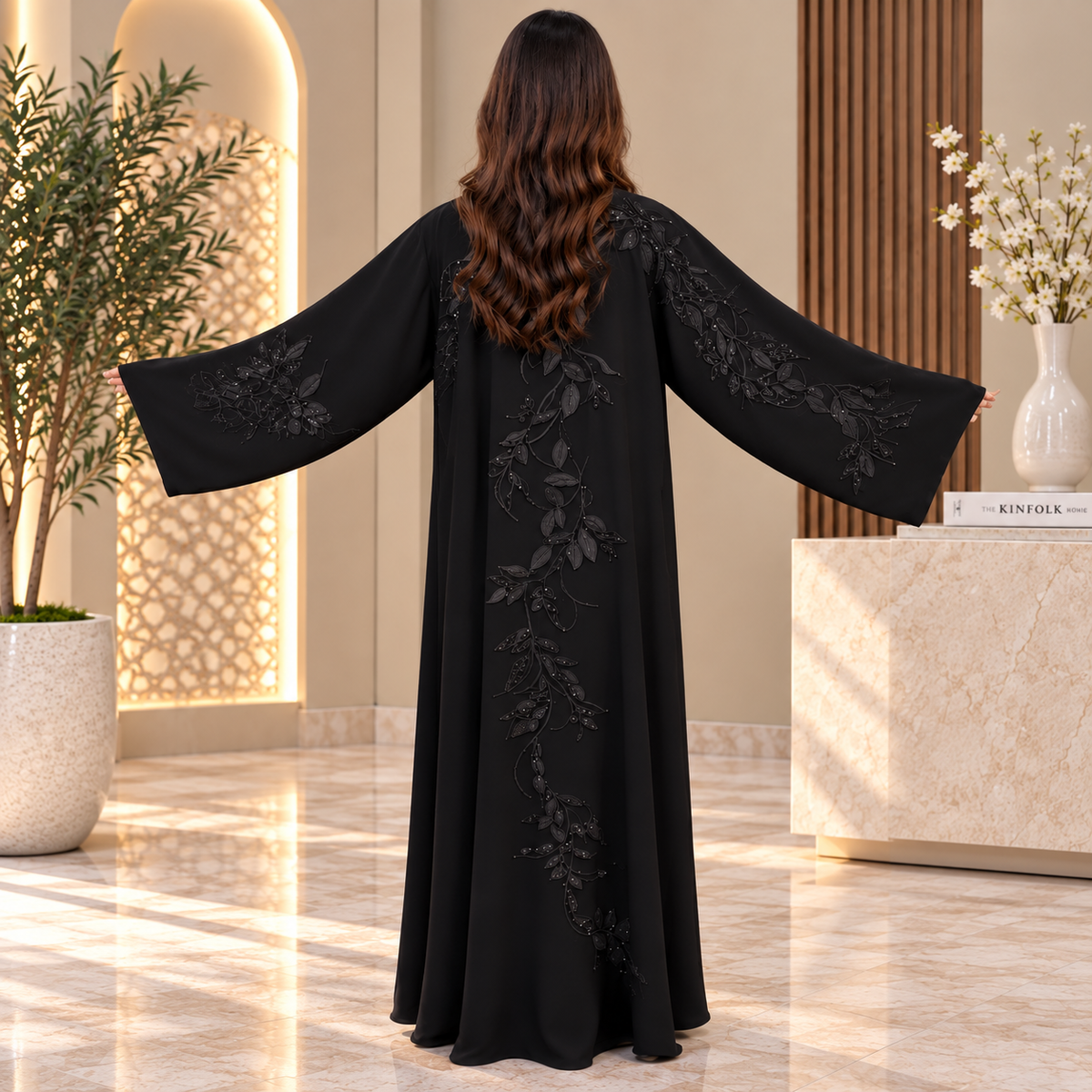 Opulent Black Lace-Trimmed Designer Abaya 54" Inches Length