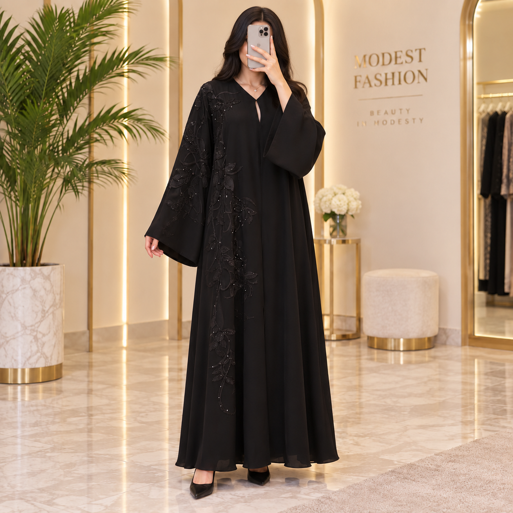 Opulent Black Lace-Trimmed Designer Abaya 54" Inches Length
