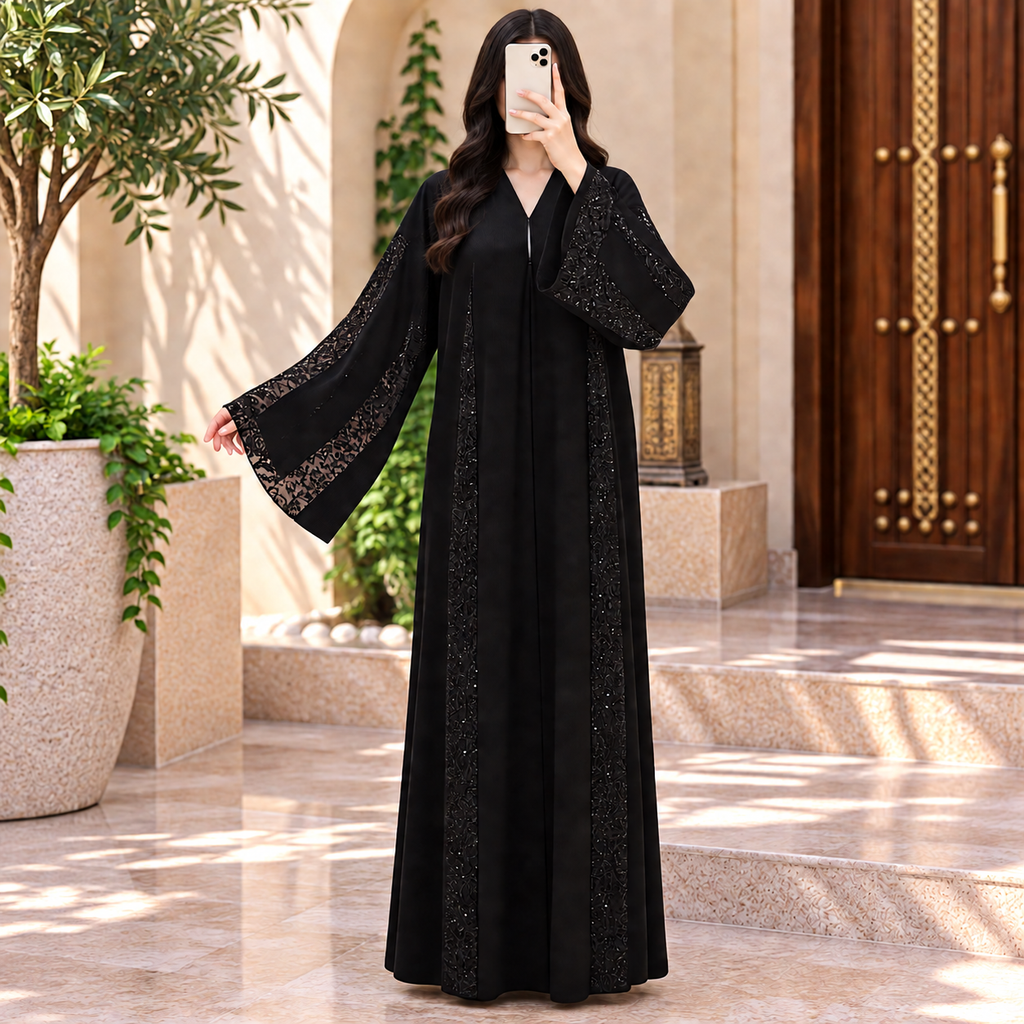 Opulent Black Lace-Trimmed Designer Abaya 56" Inches Length
