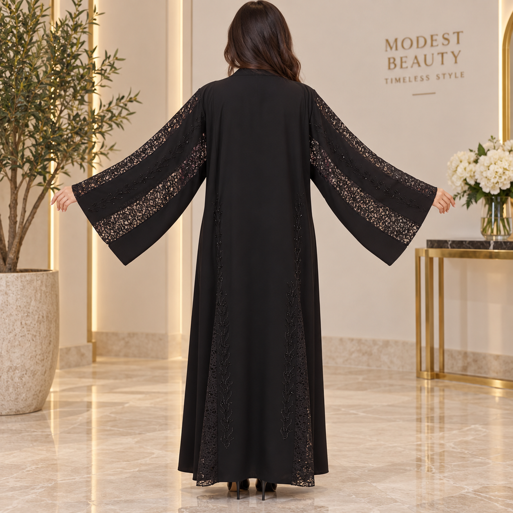 Opulent Black Lace-Trimmed Designer Abaya 56" Inches Length