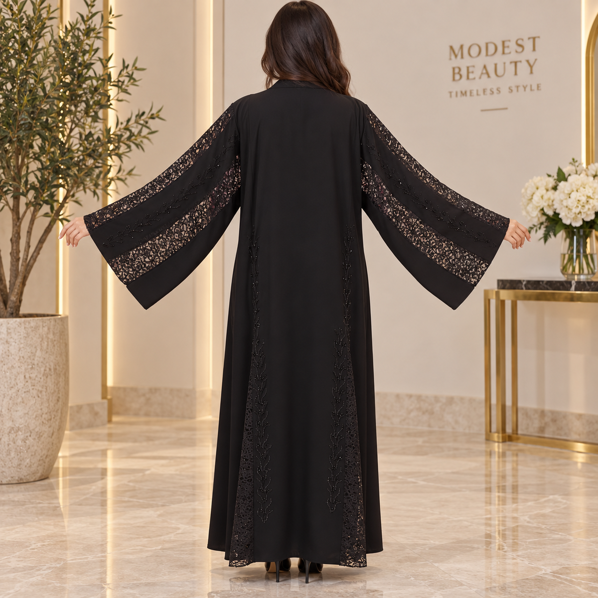 Opulent Black Lace-Trimmed Designer Abaya 56" Inches Length