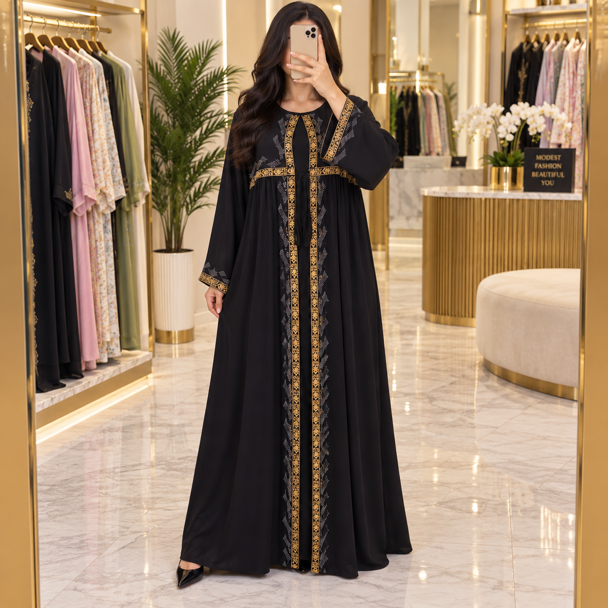 Opulent Black Lace-Trimmed Designer Abaya 58" Inches Length