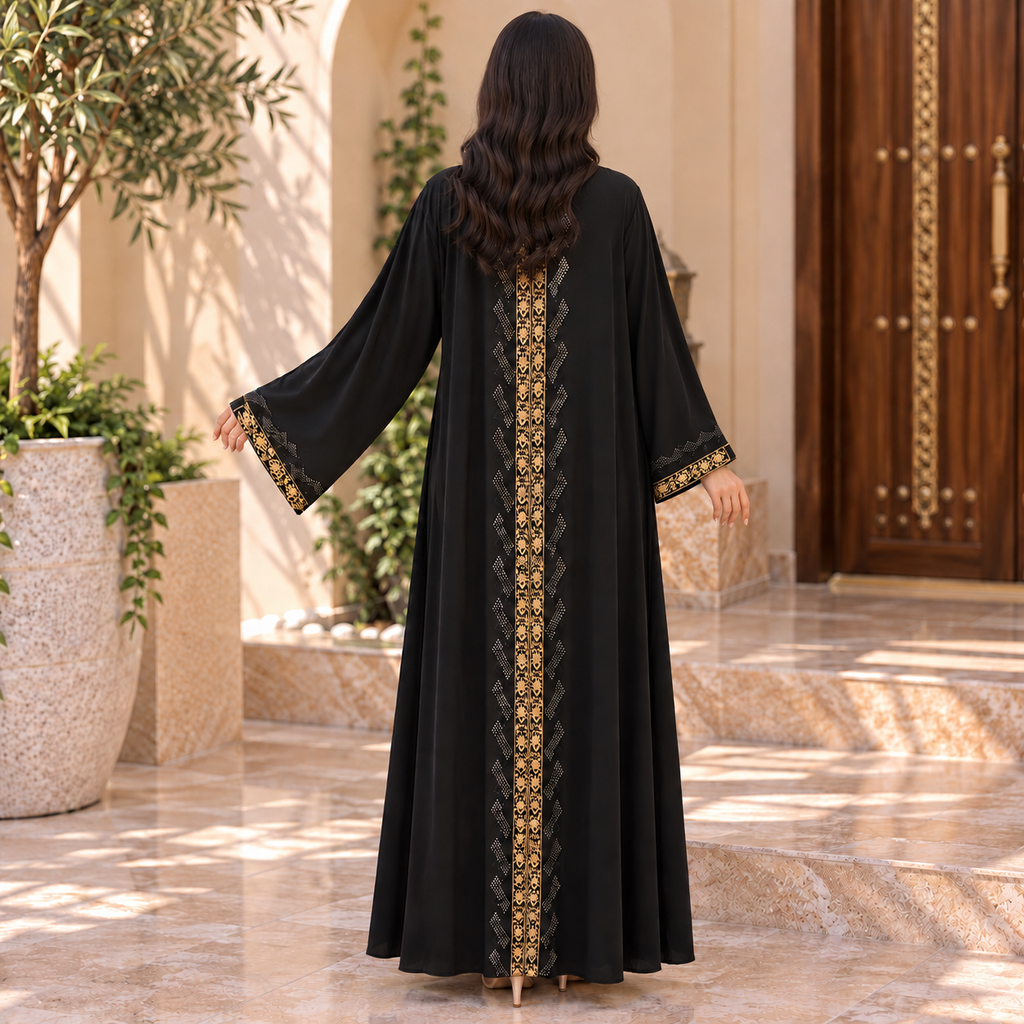 Opulent Black Lace-Trimmed Designer Abaya 58" Inches Length