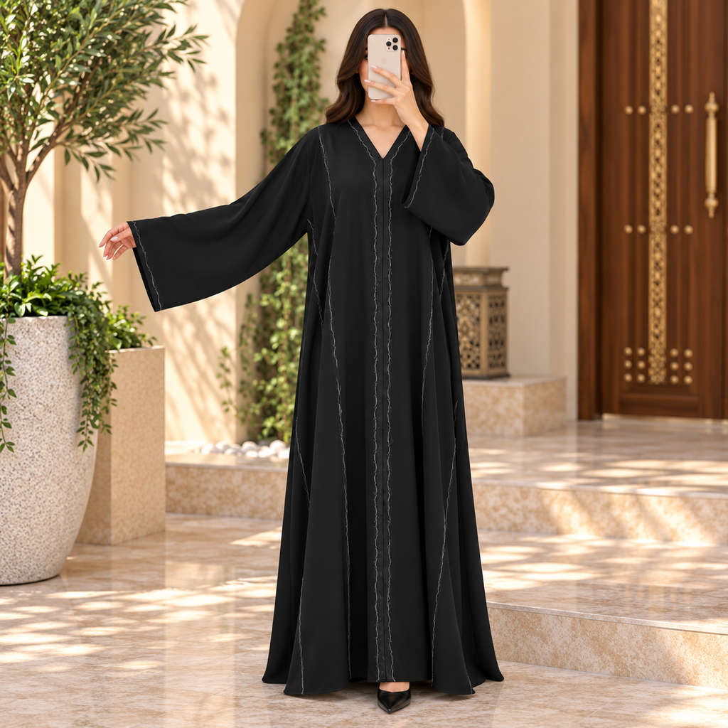 Opulent Black Lace-Trimmed Designer Abaya 58" Inches Length