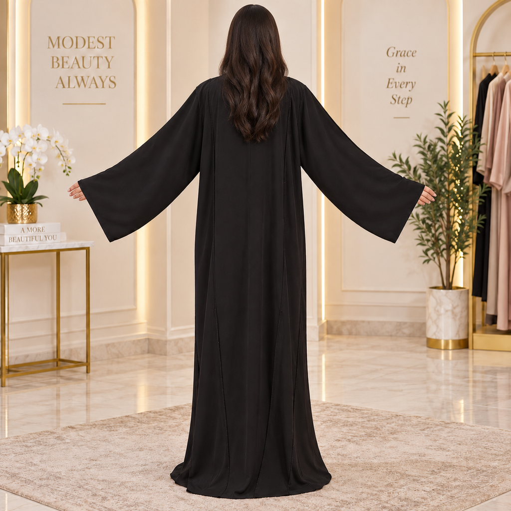 Opulent Black Lace-Trimmed Designer Abaya 60" Inches Length