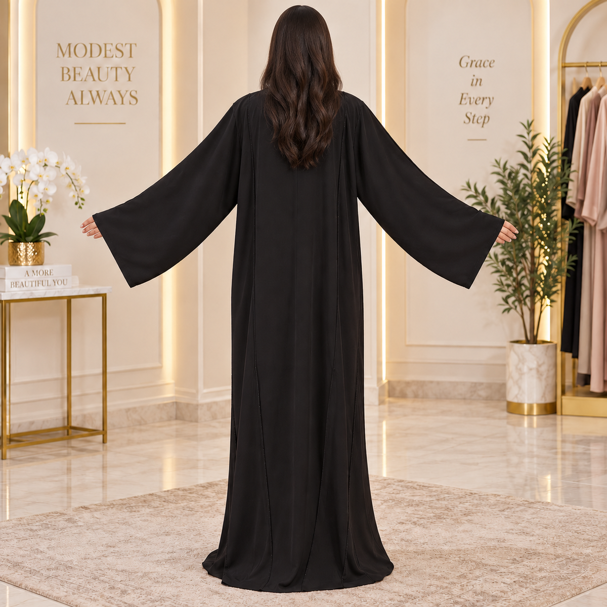 Opulent Black Lace-Trimmed Designer Abaya 60" Inches Length
