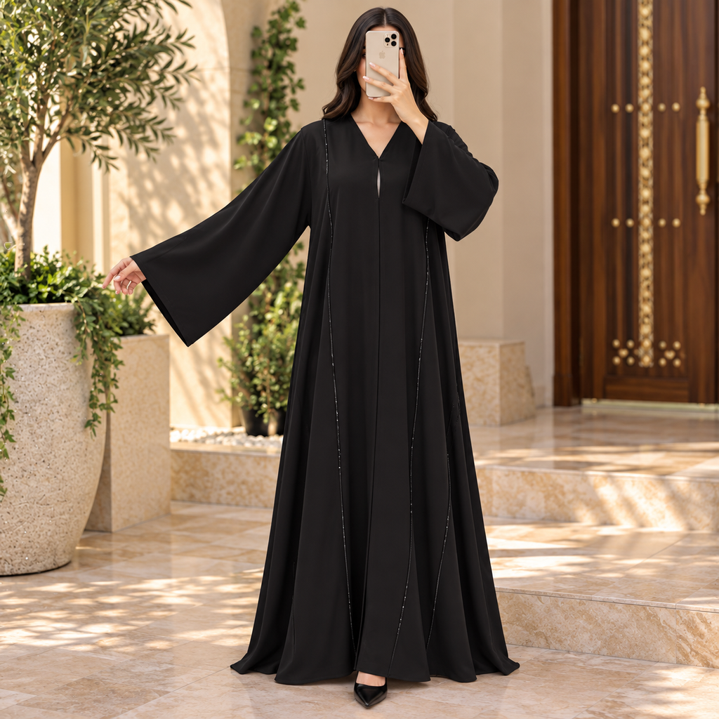 Opulent Black Lace-Trimmed Designer Abaya 60" Inches Length