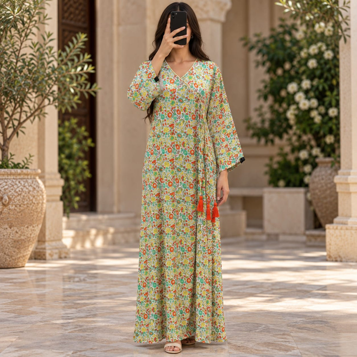 L/XL Qifa Silk Crystal Printed Dress 57" Long Jalabiya