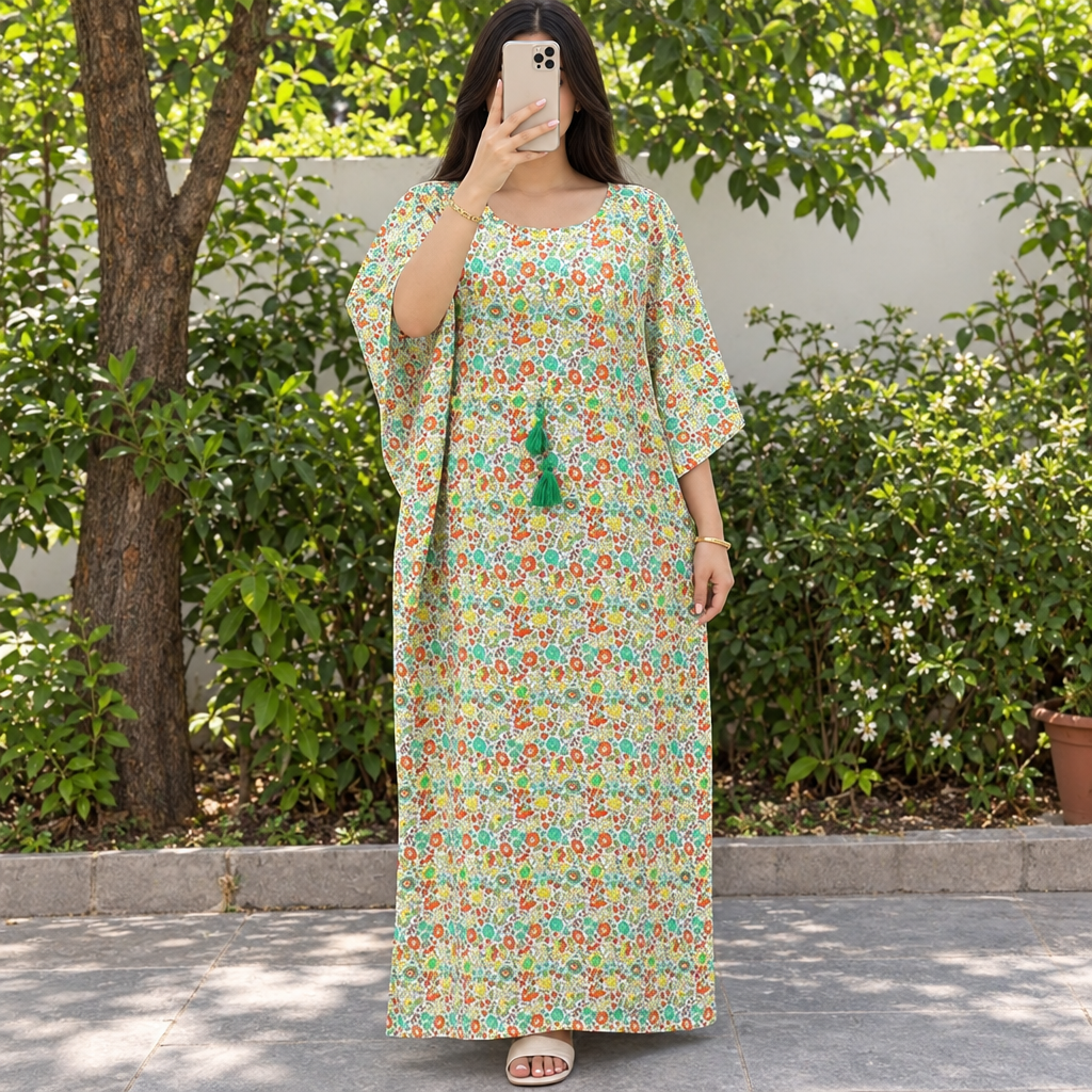 Free Size Crystal Farasha Printed Silk Long Dress Jalabiya – 57"