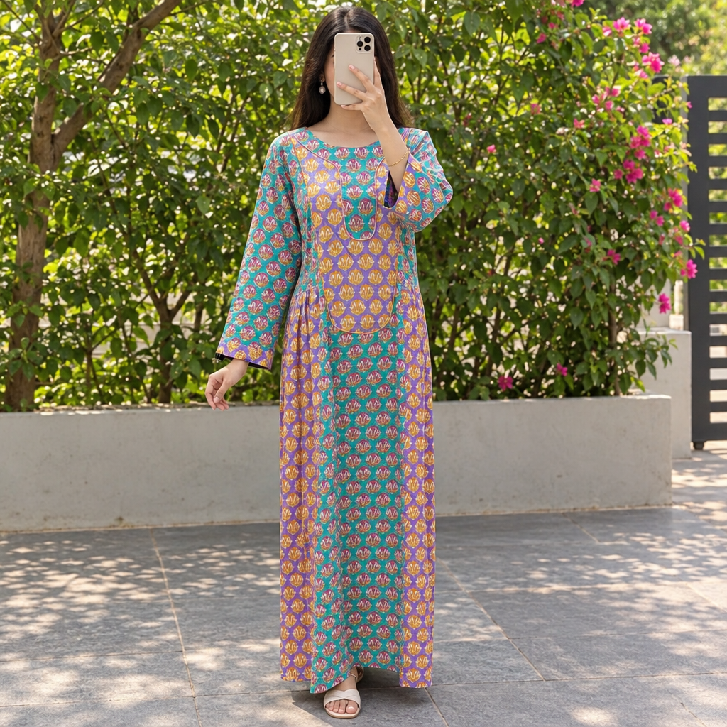 S/M Suf Crystal Printed Silk Long Dress Jalabiya – 57