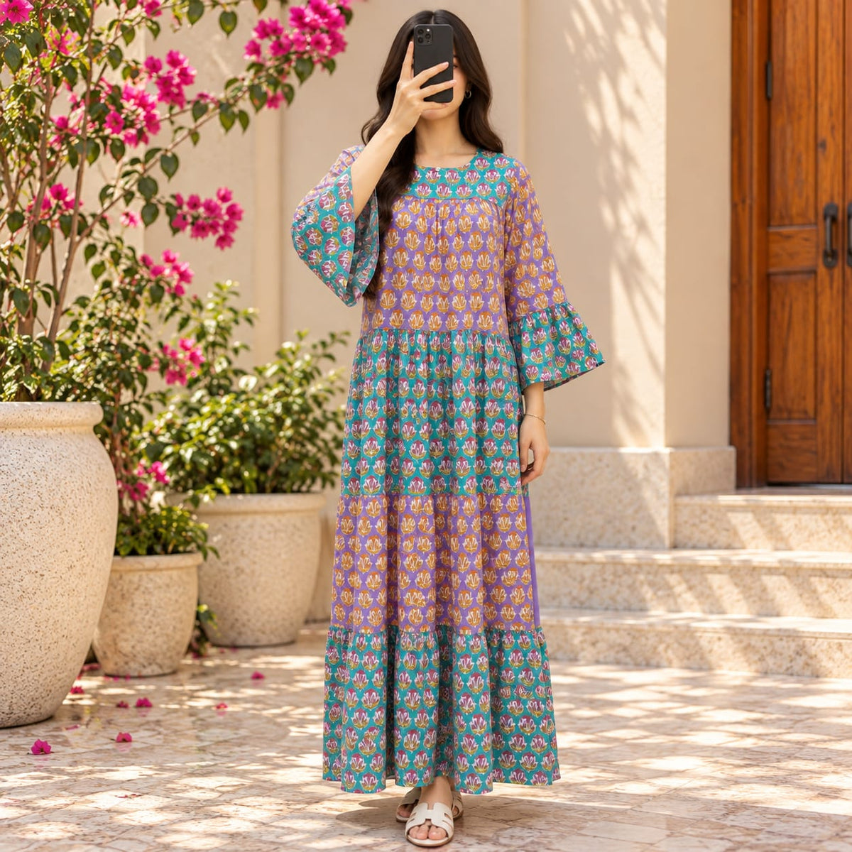 S/M Moon Crystal Printed Silk Long Dress Jalabiya – 57