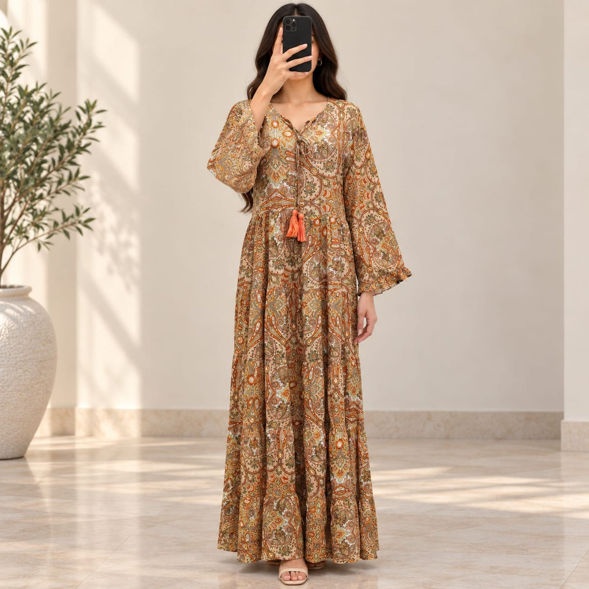 S/M Razia Crystal Printed Silk Long Dress Jalabiya – 57