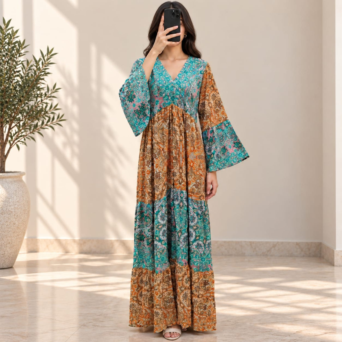 S/M Maldives Crystal Printed Silk Long Dress Jalabiya – 57