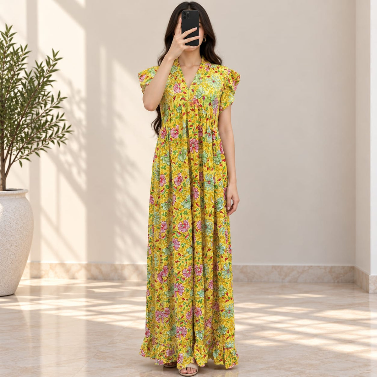 S/M Amani Crystal Printed Silk Long Dress Jalabiya – 57