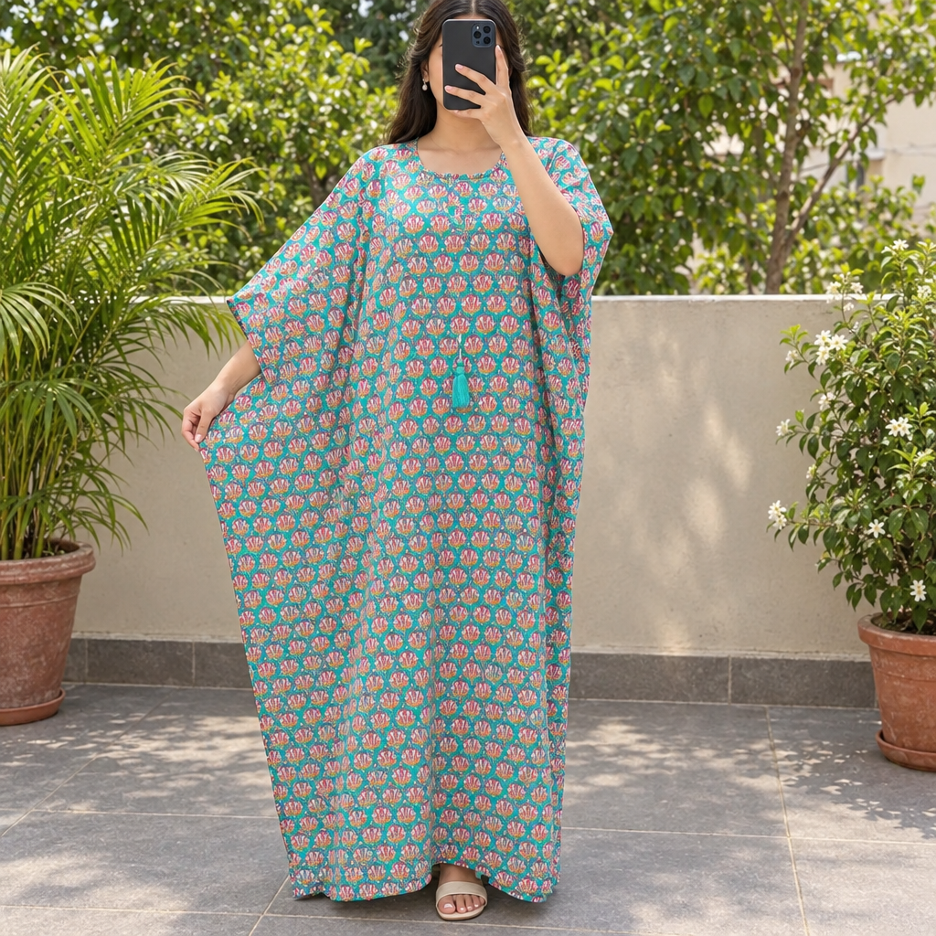 Free Size Crystal Farasha Printed Silk Long Dress Jalabiya – 57"