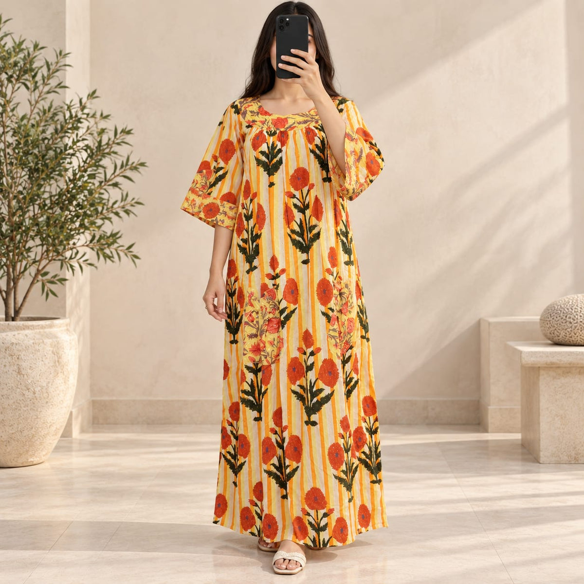 XS/S Nawaar Crystal  Printed Cotton Long Dress Jalabiya – 54