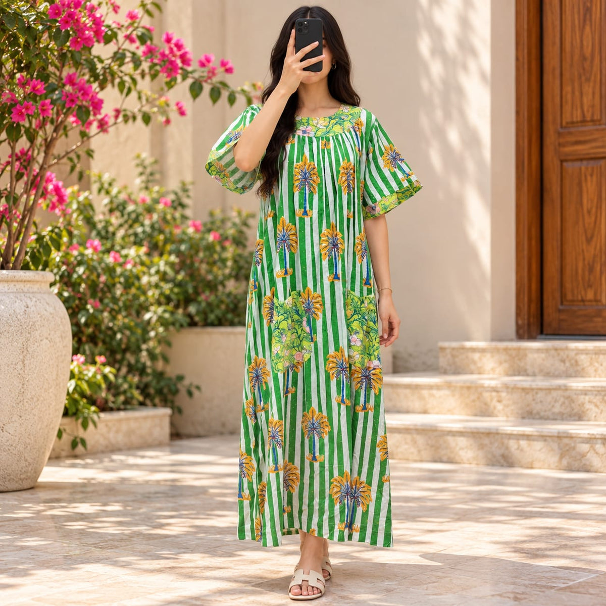 XS/S Nawaar Crystal Printed Cotton Long Dress Jalabiya – 54