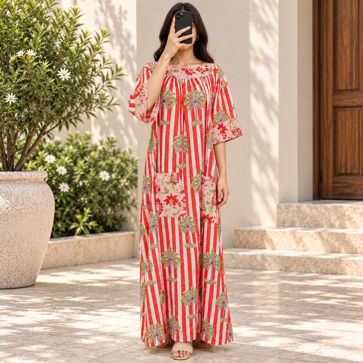 S/M Nawaar Crystal Printed Cotton Long Dress Jalabiya – 57