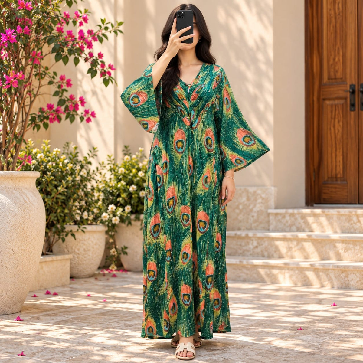 L/XL Zaheera Silk Crystal Printed Dress 57" Long Jalabiya