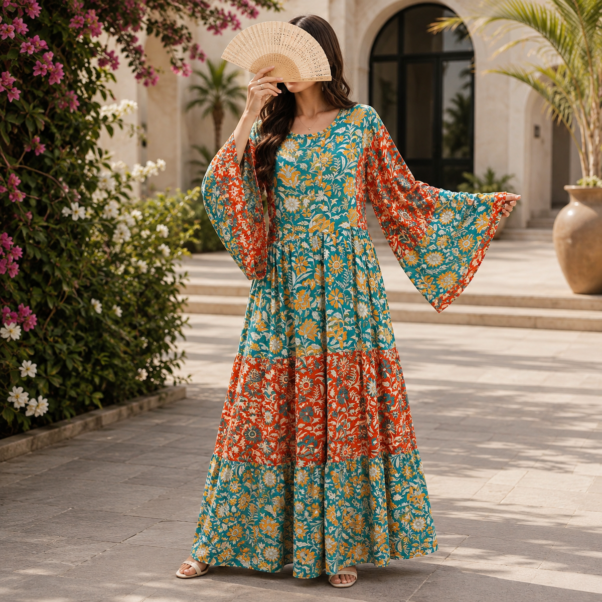 L-XL Juhi Crystal Printed Silk Long Dress Jalabiya – 57