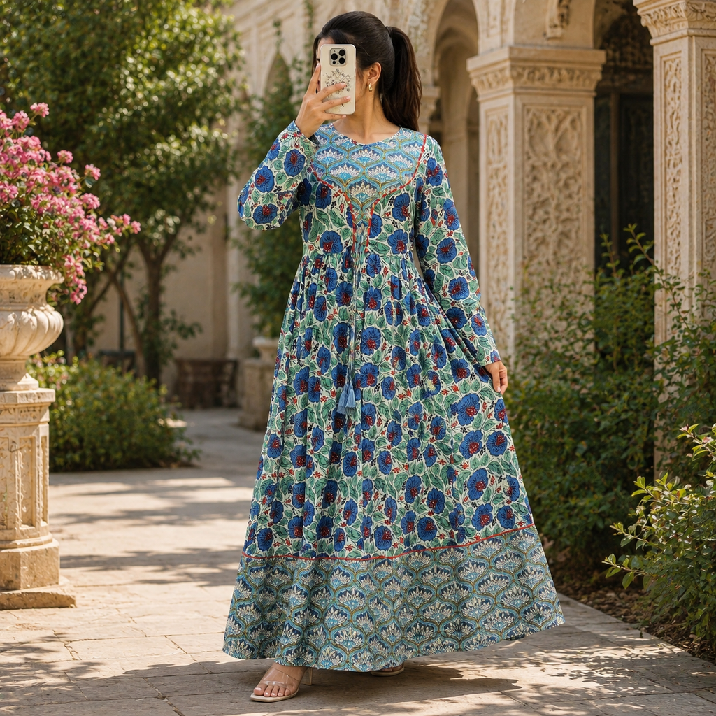 L/XL Zaria Printed Cotton Long Dress Jalabiya – 57"
