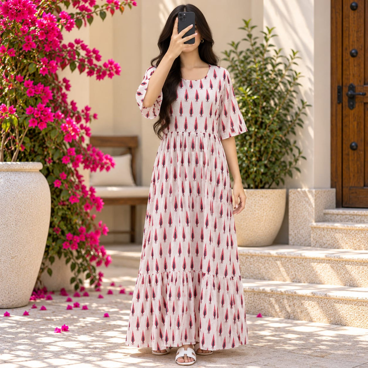 L/XL Manha Crystal Printed Cotton Long Dress Jalabiya – 57
