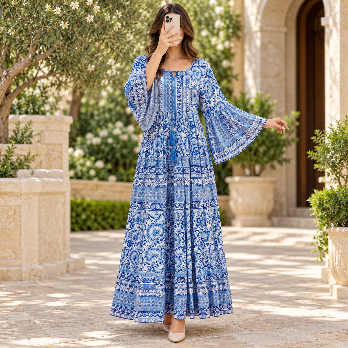 L/XL Gaby Crystal Printed Cotton Long Dress Jalabiya – 57