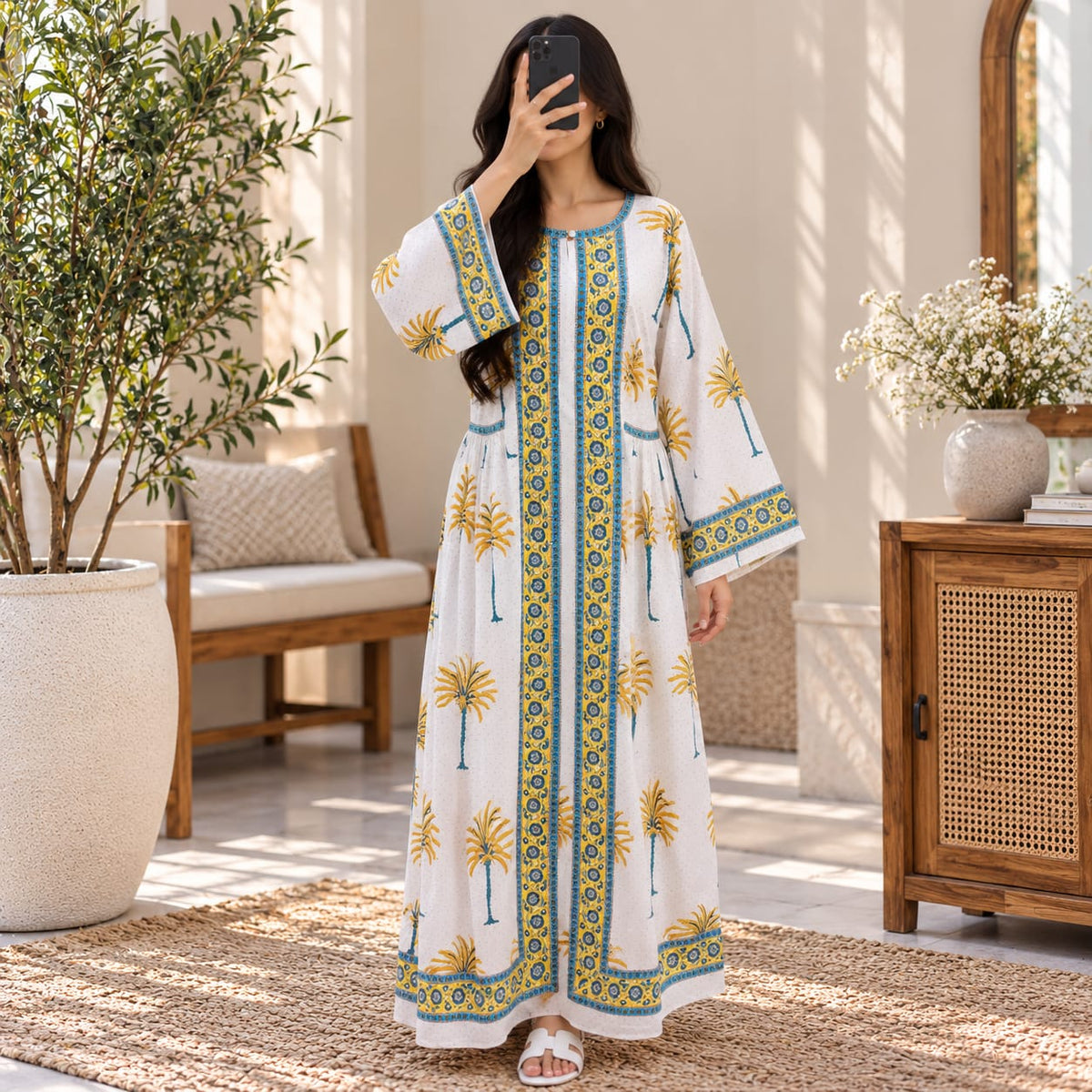 S/M Bhopali Crystal Printed Cotton Long Dress Jalabiya – 57"