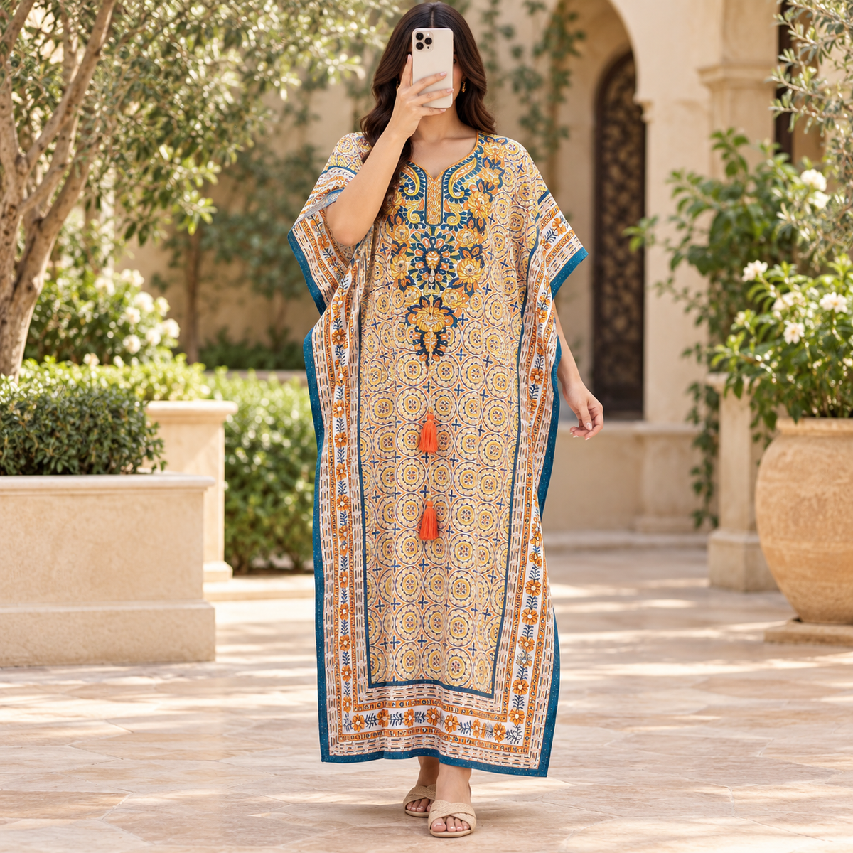 Free Size Crystal Farasha Printed Cotton Long Dress Jalabiya – 57"