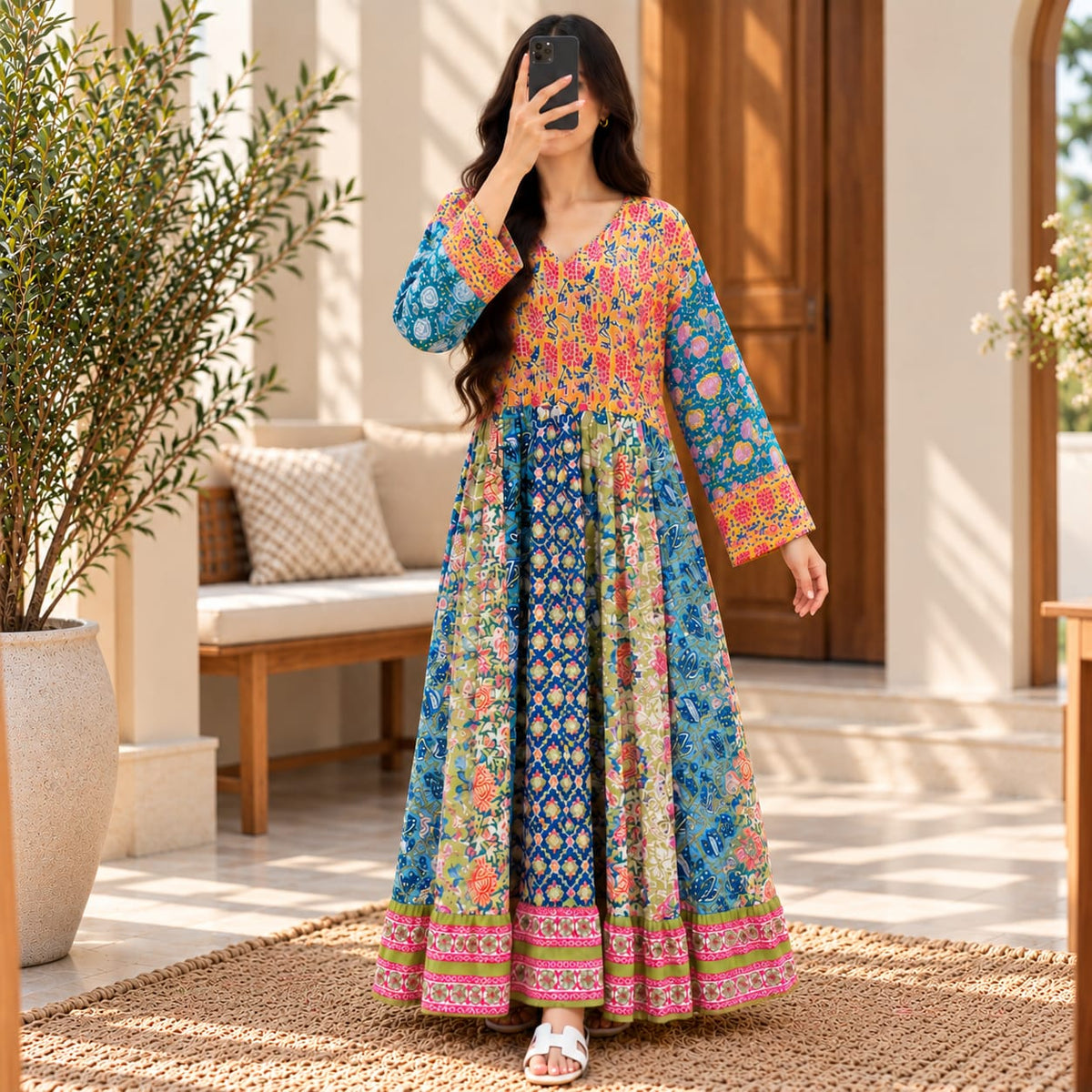 L-XL Special Crystal Printed Cotton Dress 57" Long Jalabiya