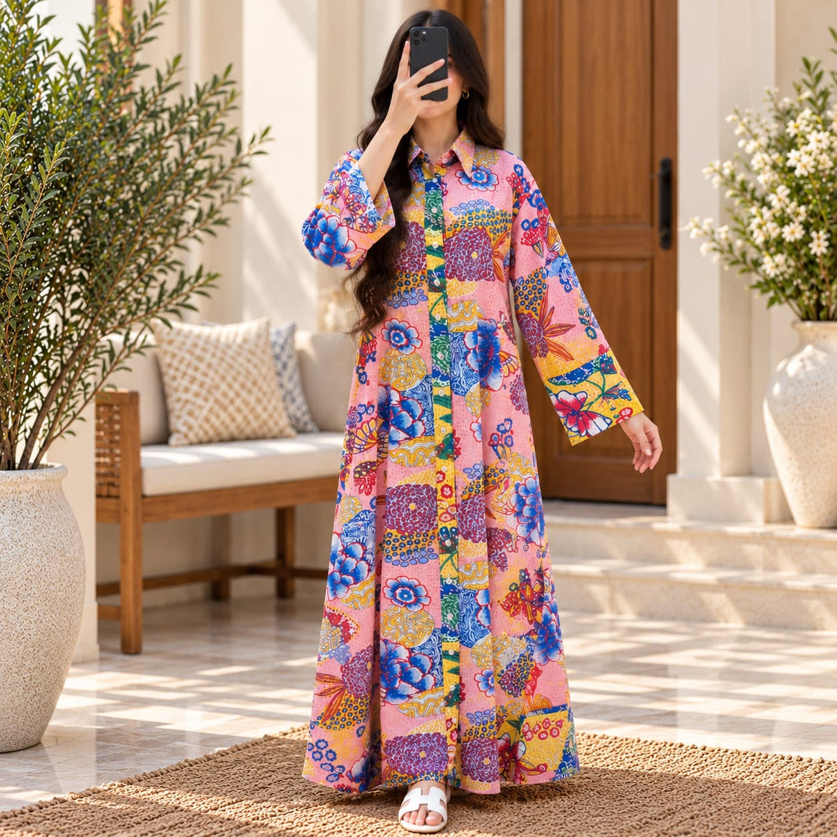 S/M Tansy Crystal Printed Cotton Long Dress Jalabiya – 57