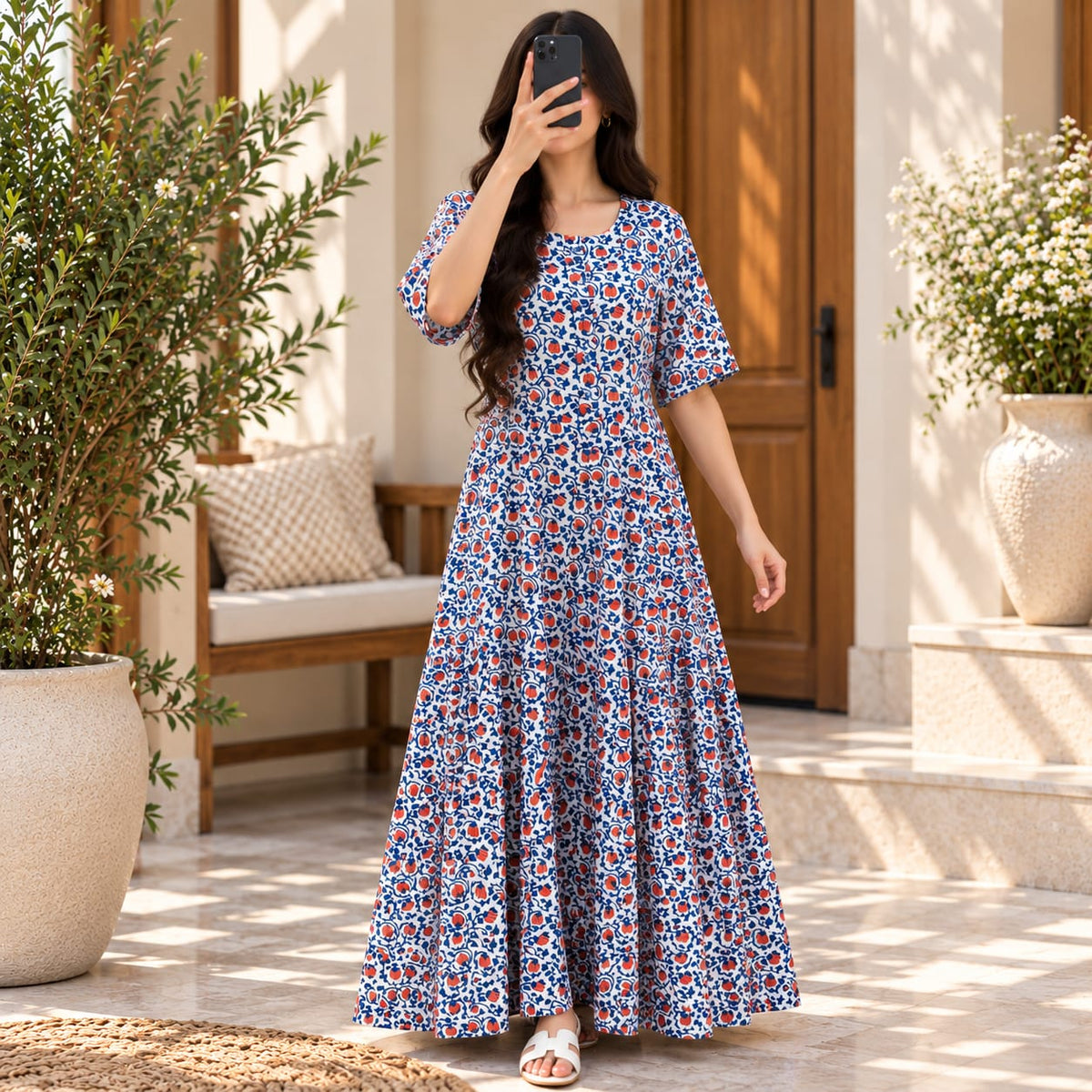 L/XL Manha Crystal Printed Cotton Long Dress Jalabiya – 57