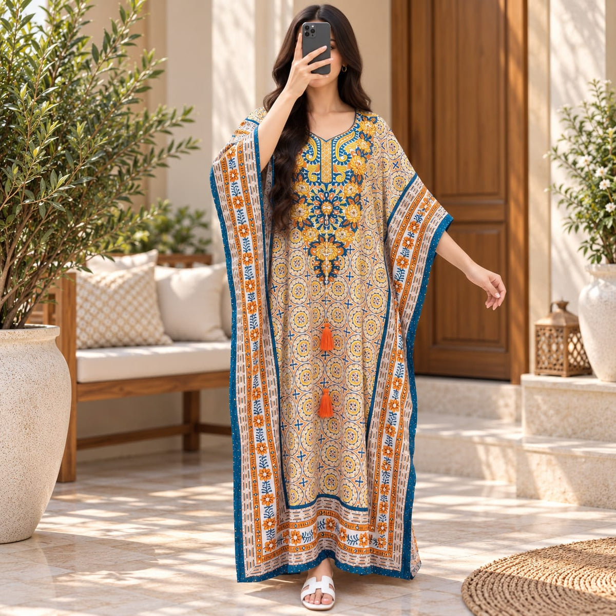 Free Size Crystal Farasha Printed Cotton Long Dress Jalabiya – 57"
