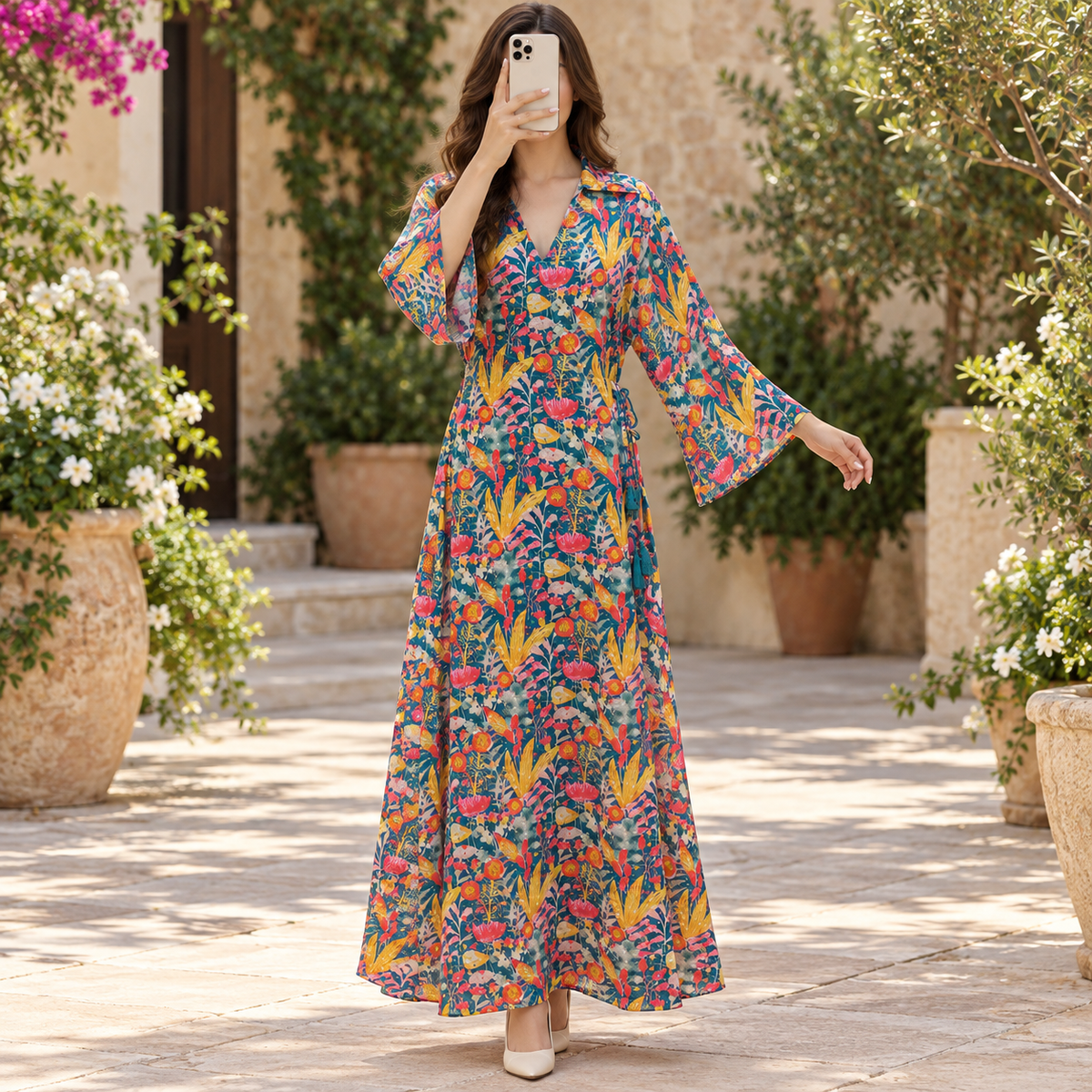 L/XL Hayat Crystal Printed Silk Long Dress Jalabiya – 57