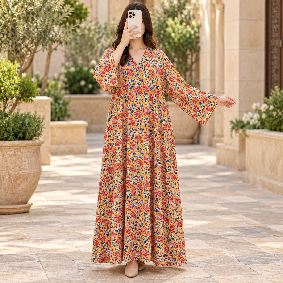 XS/S Teena Crystal Printed Cotton Long Dress Jalabiya – 54