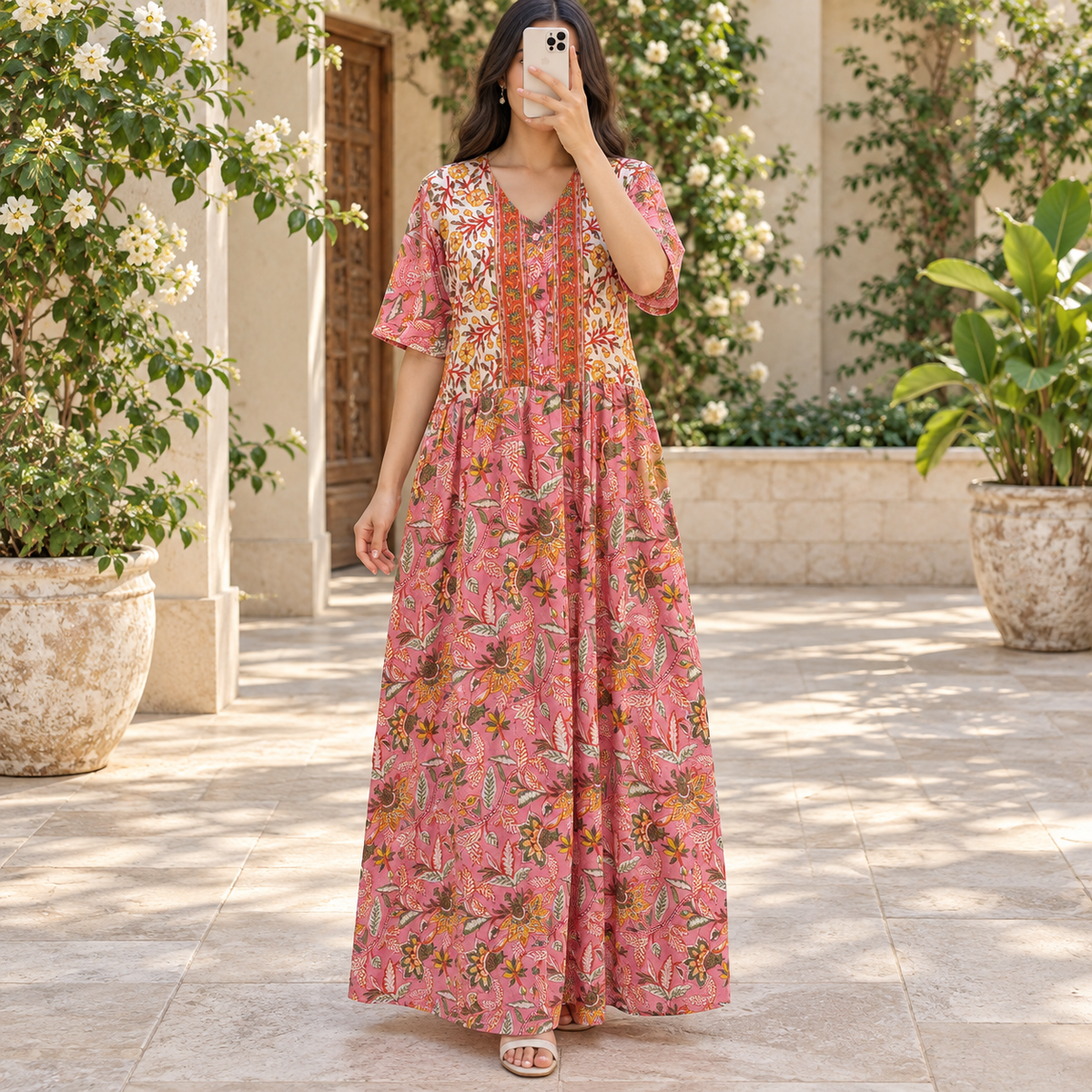 S/M Rahaf Crystal Printed Cotton Long Dress Jalabiya – 57