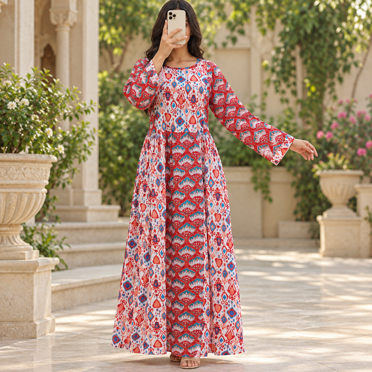 XS/S Heba Crystal Printed Cotton Long Dress Jalabiya – 54