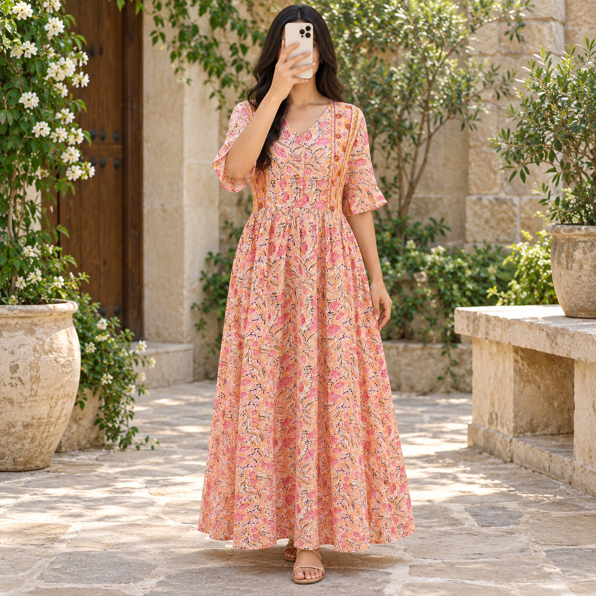 XS/S Rahaf Crystal Printed Cotton Long Dress Jalabiya – 54